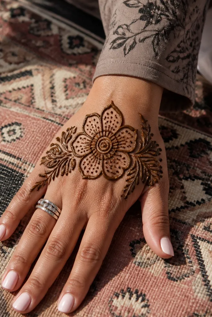 A big center flower with leaf-filled side panels on the back of the hand