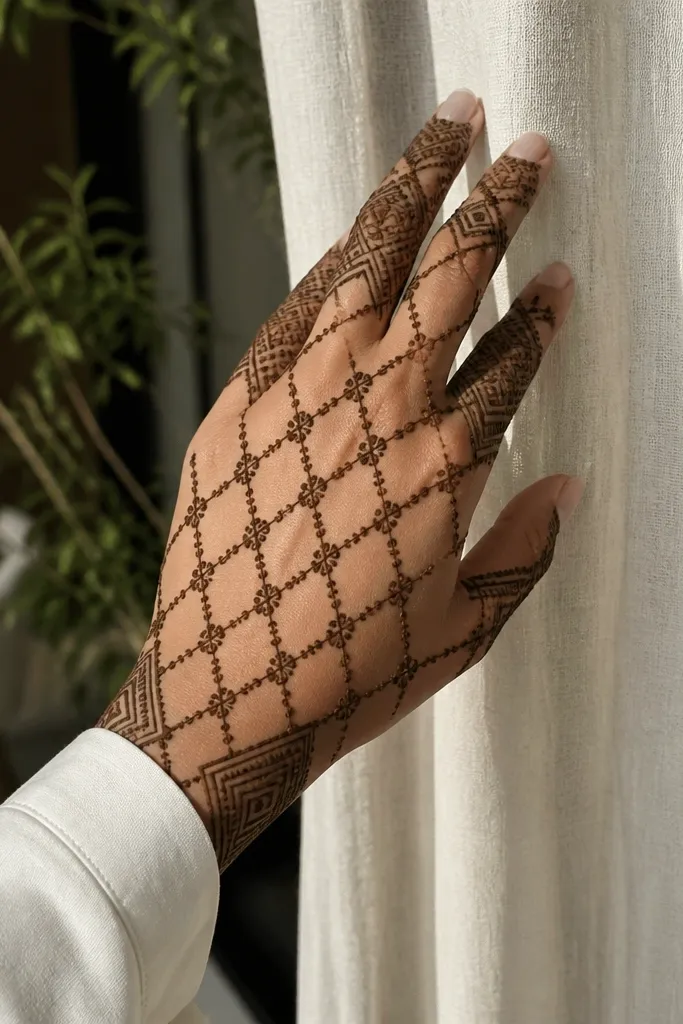 A net-like Arabic pattern with thicker blocks at the corners of the back hand
