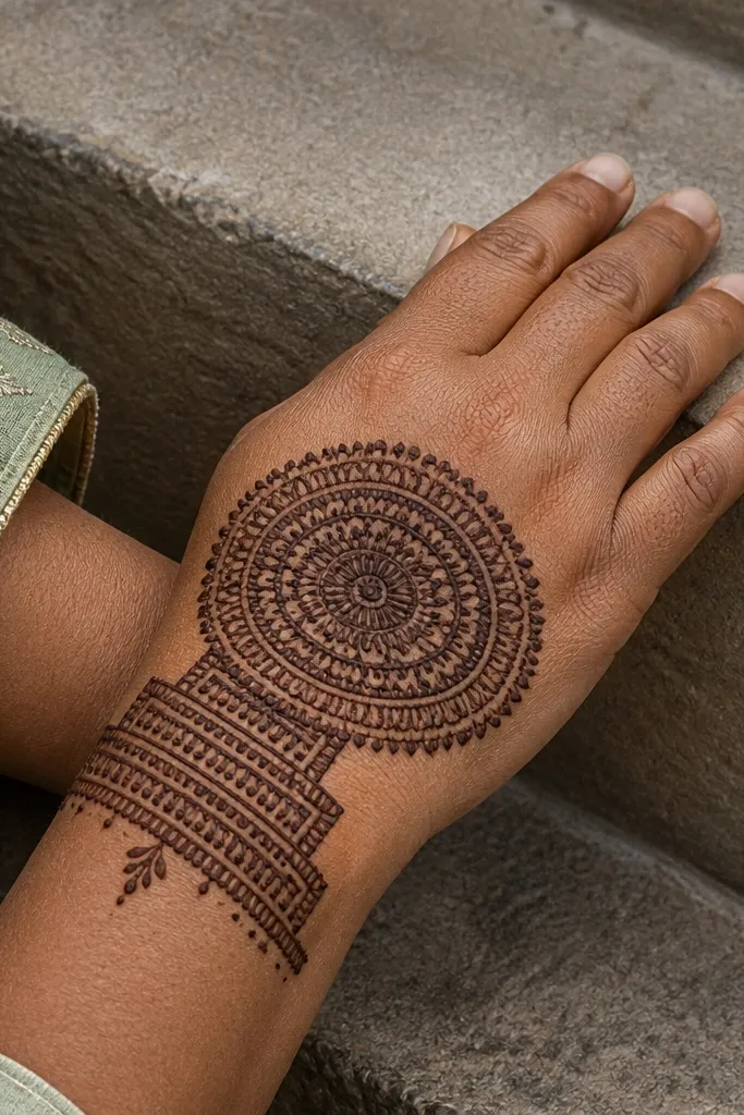 A mandala centered on knuckles with stepped geometric layers near the wrist