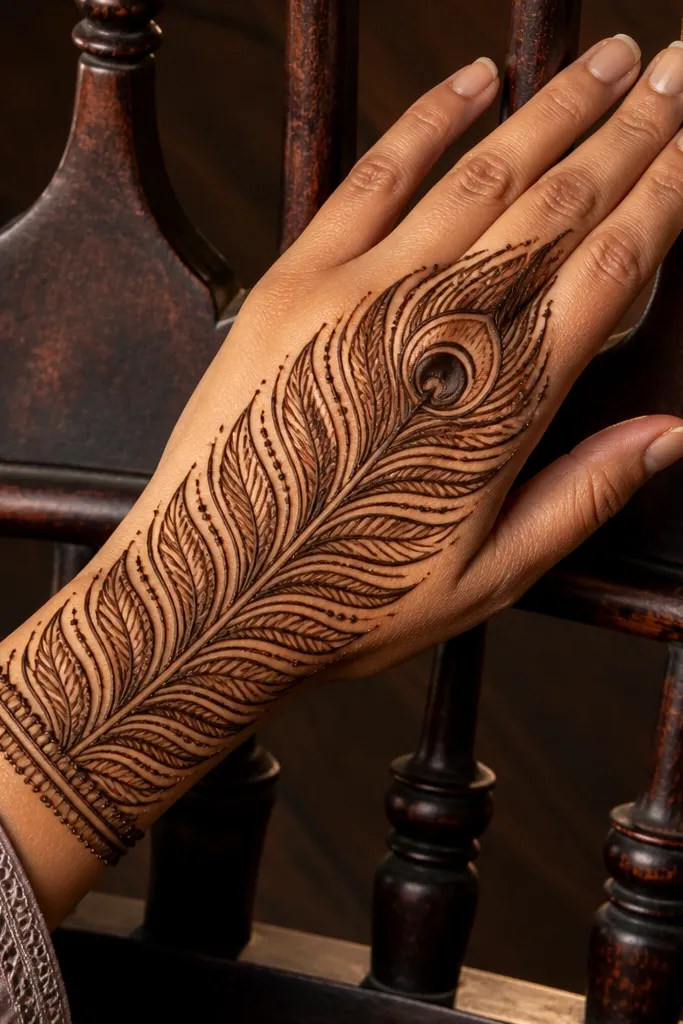 A peacock feather motif spanning the back hand with dense dot and leaf textures