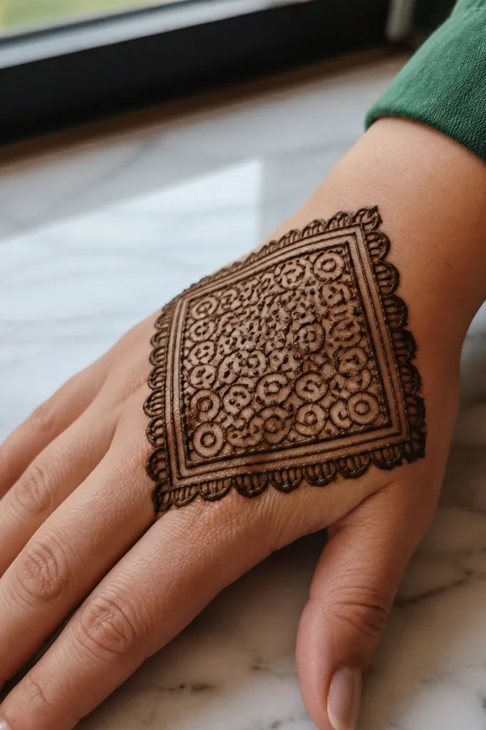 A bold thick border frame around the back hand with dense micro fill inside