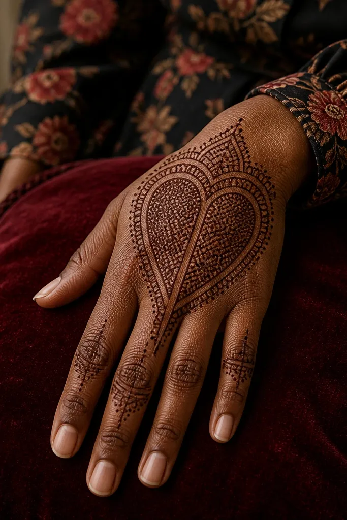 A split heart center with lattice filling around it on the back of the hand