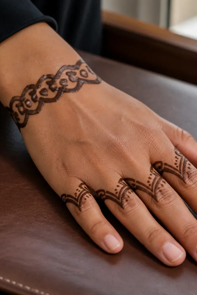 Chain-link pattern at the wrist with corner motifs over the knuckles