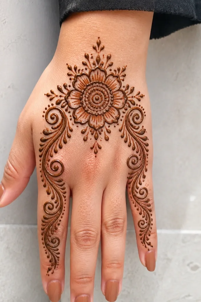 A center flower burst with two spiral columns on each side of the back hand