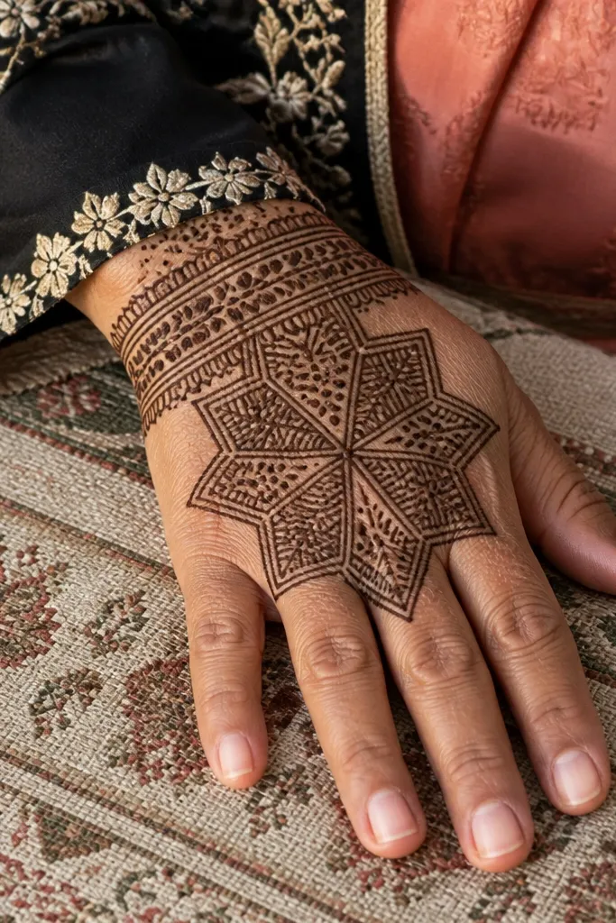 A geometric star panel centered with thick wrist cap shapes at the sides