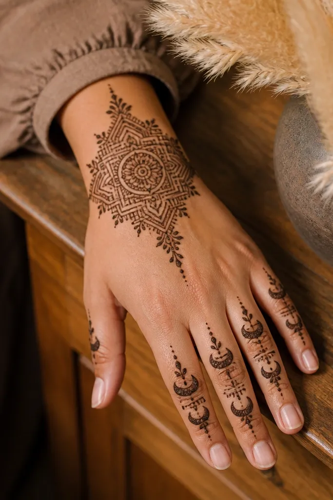 A stepped wrist medallion with crescent-shaped knuckle patterns on the back hand