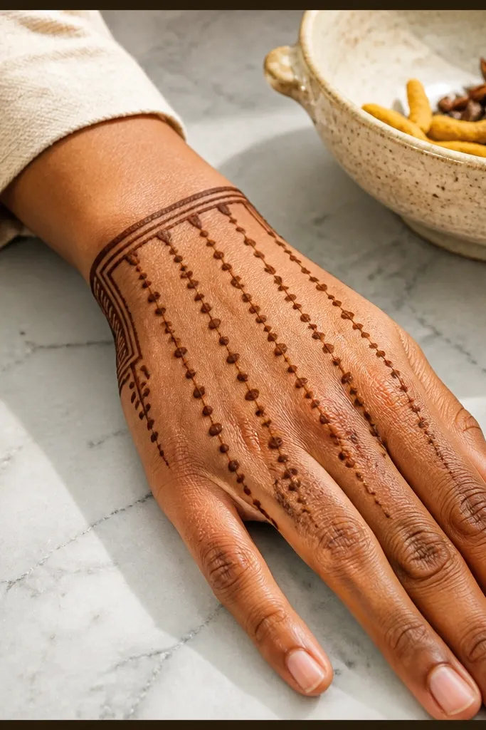 Bold outer bar border with inner vertical dot columns down the back of the hand