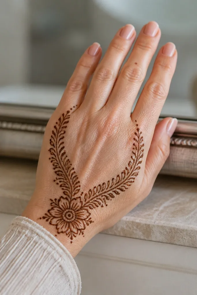 A wrist bloom with two mirror arcs running into the back of the hand