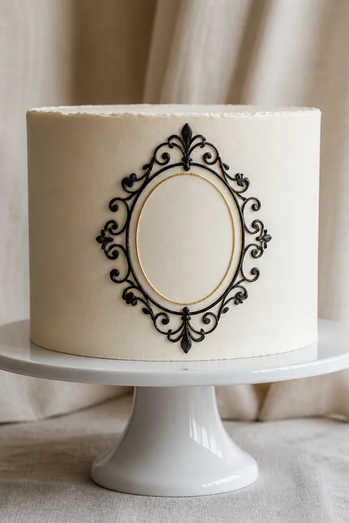 A gold-edged monogram crest drawn on a smooth white cake