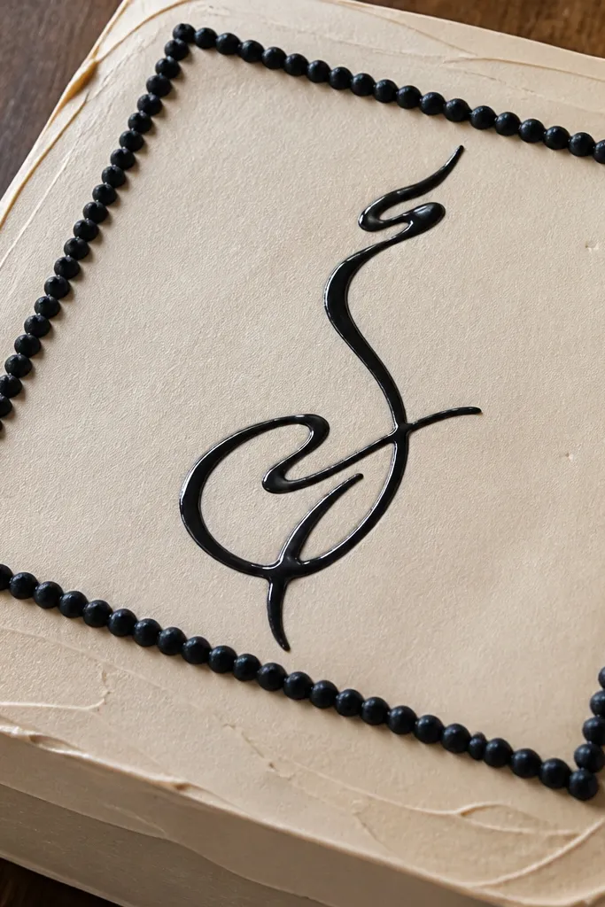 Black ink calligraphy with a border of tiny dark dots on a cake