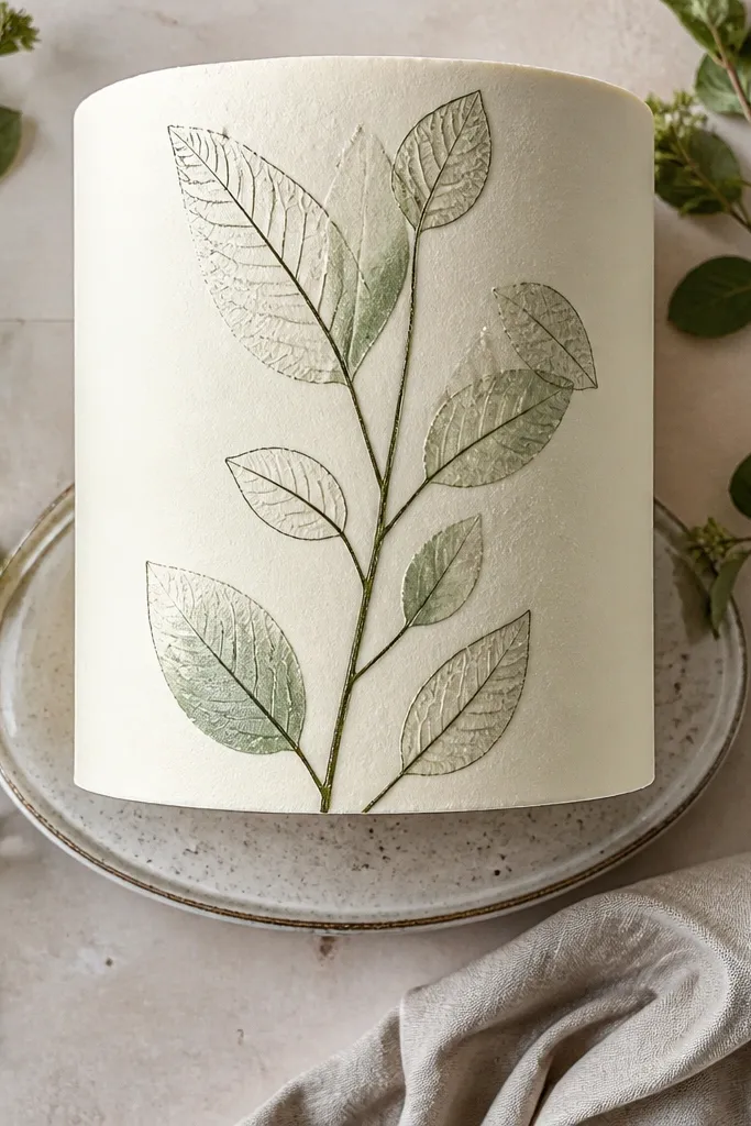 Fine botanical line drawings with subtle leaf texture on a pale cake