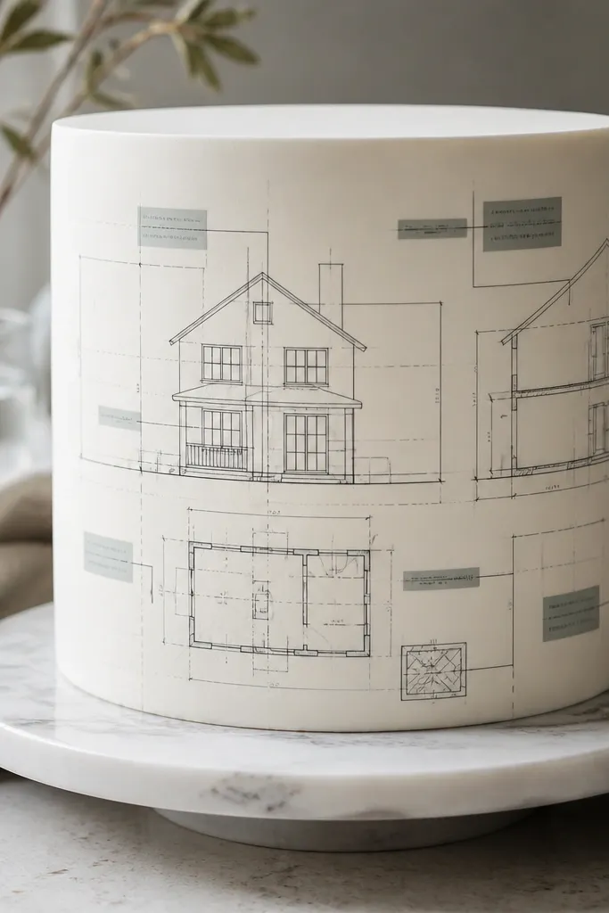 Blue blueprint style lines and labels drawn on a white cake