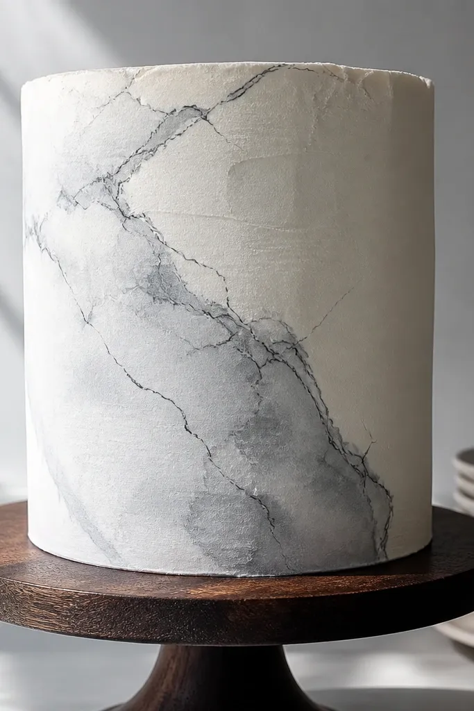 White and gray marble veins with black outline lines on a cake