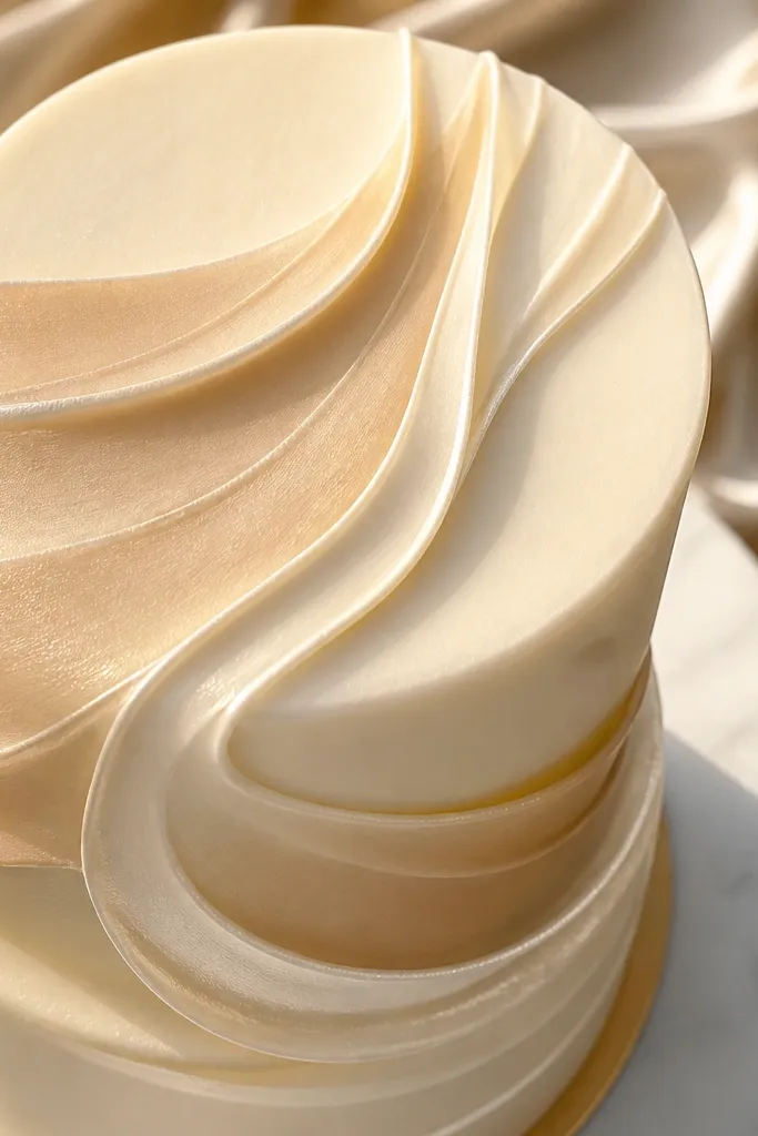 Soft curved lines like a silk scarf with pearly highlights on a neutral cake