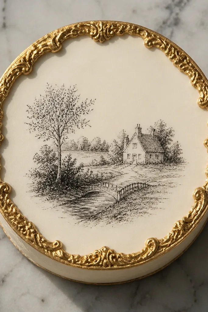A gold picture frame with small black etching lines on a cake top