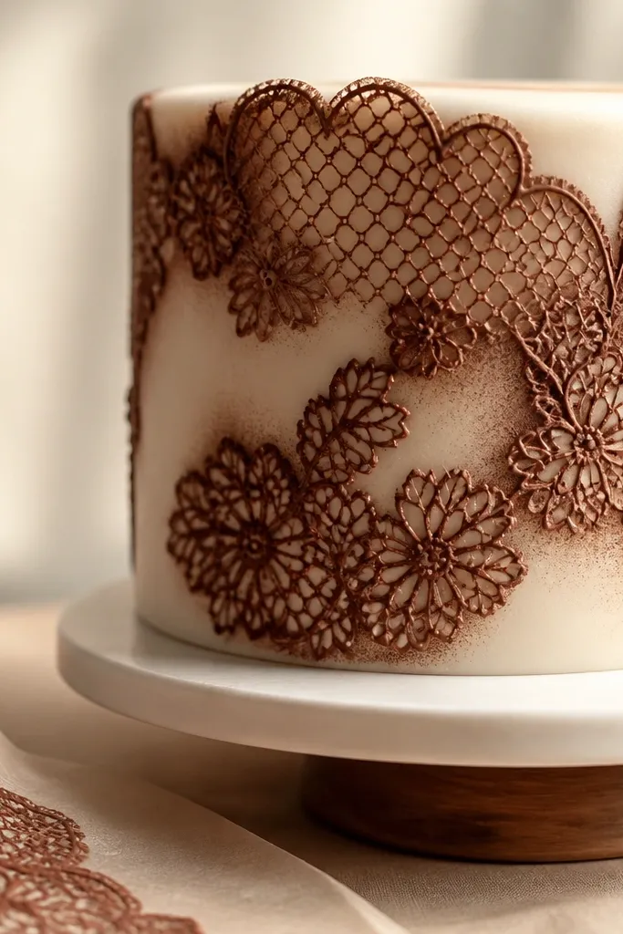 Lace-like outline in dark cocoa shading on a smooth cake