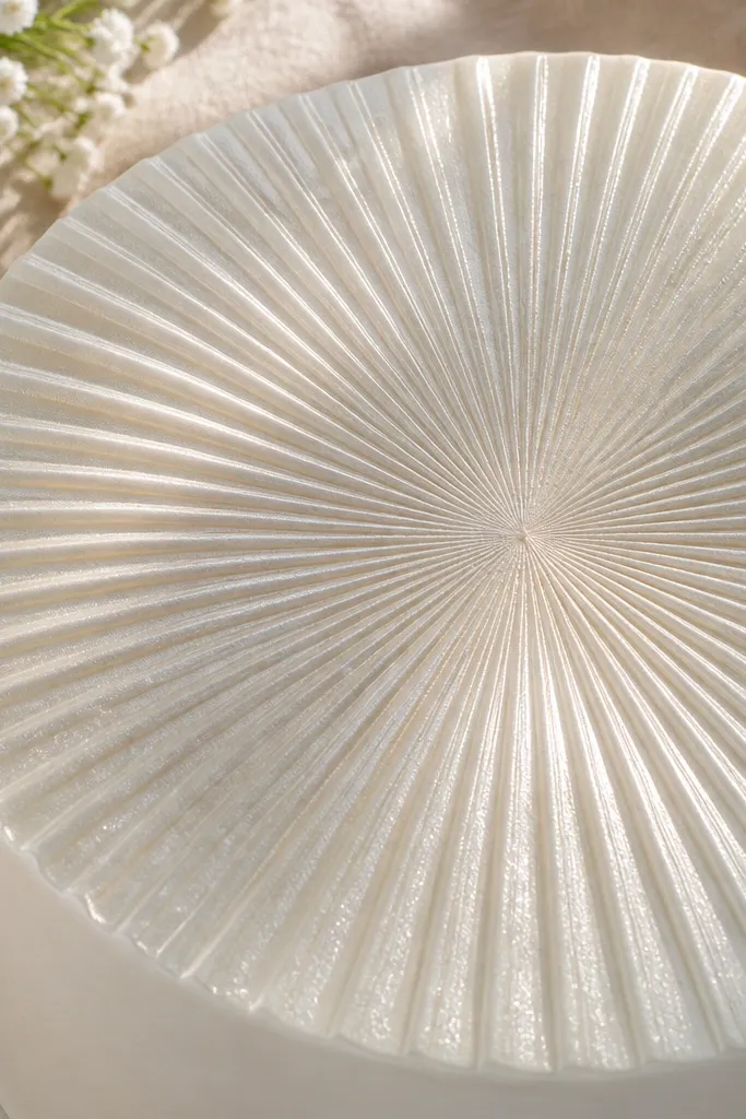 Pearl fan pattern with thin geometric lines on a pale cake