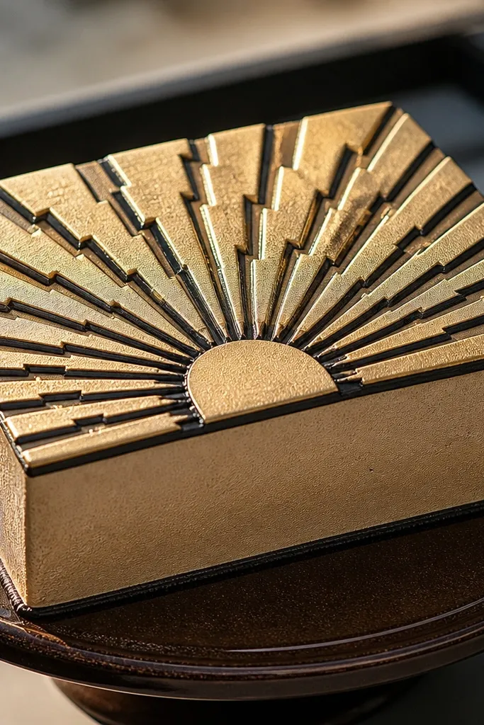 Art-deco sunburst rays in champagne metallic with dark accents on a cake