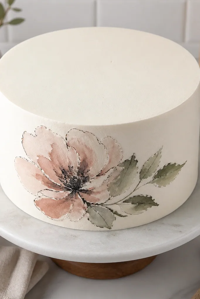 Soft watercolor flower with crisp ink edges on a cream cake