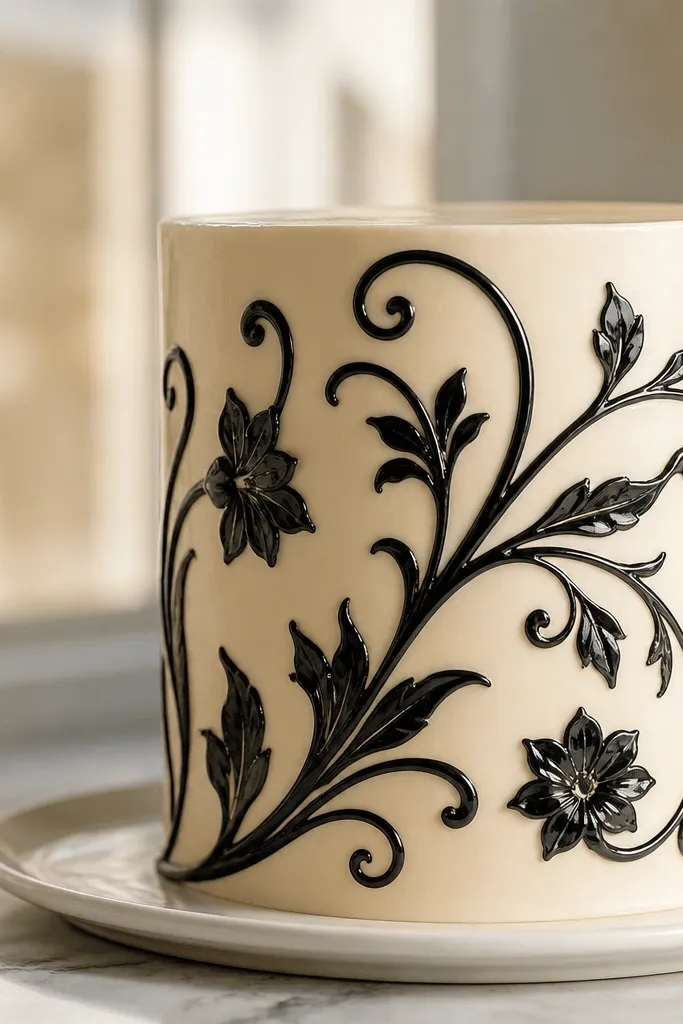 Black flowing vine drawing with glossy enamel shine on a light cake