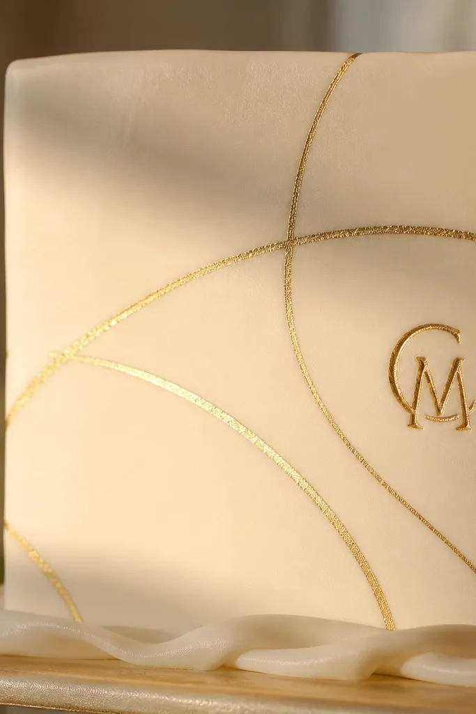 Gold leaf style transfer lines with burnished highlights on a neutral cake