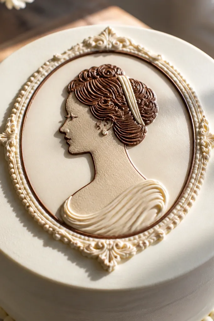 A cameo-style profile silhouette with soft shadow shading on a cake