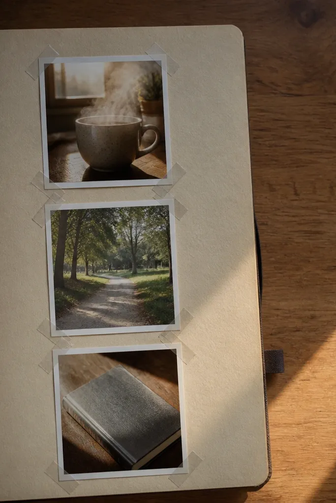 Three small printed photos arranged in a neat grid with thin black tape lines