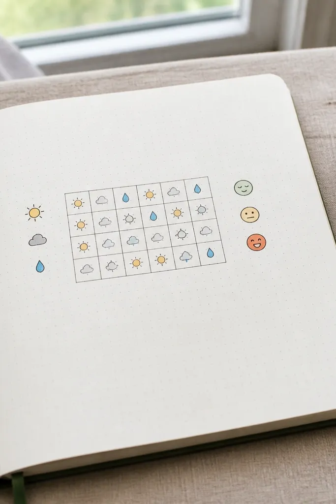 A journal page with a small weather icon row and a tiny mood chart grid