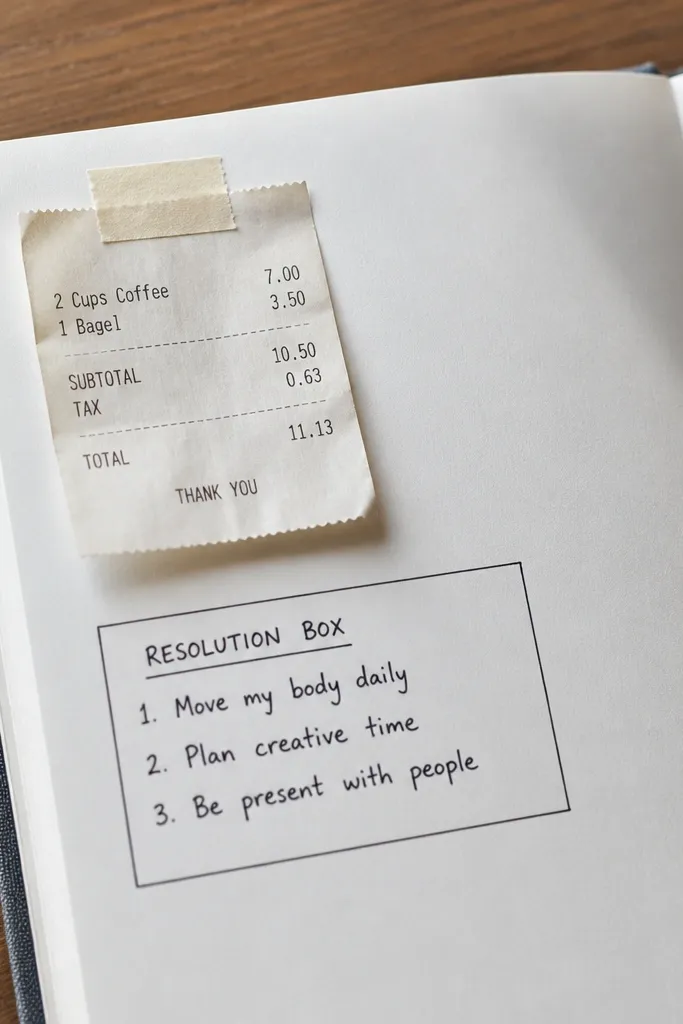 A journal page with a small taped receipt and a boxed action plan beneath