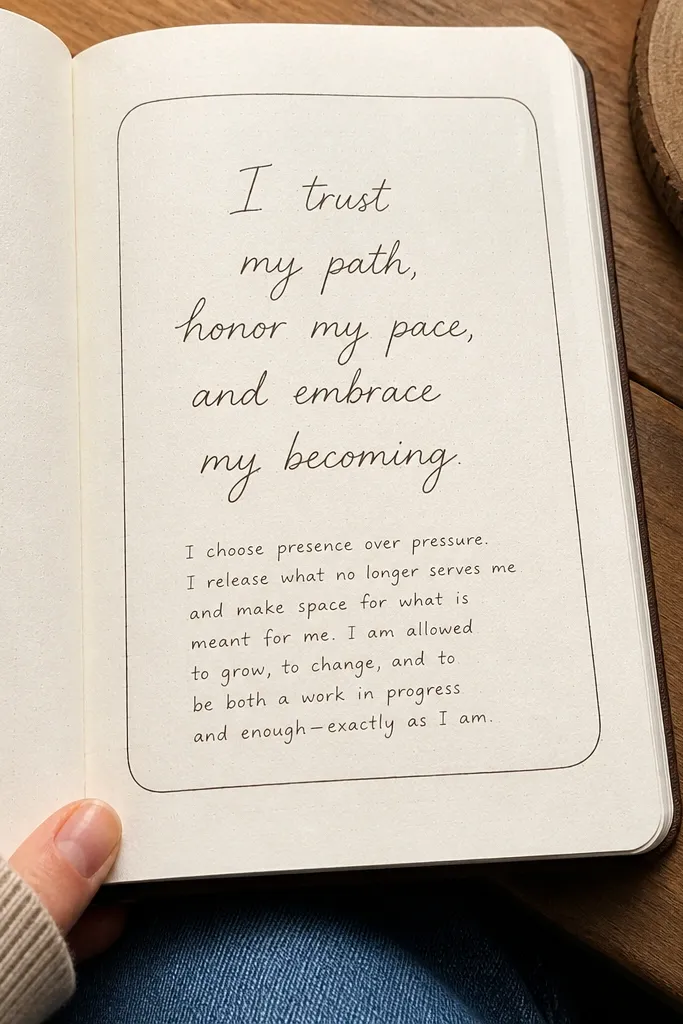 A journal page with a hand-lettered quote inside a rounded rectangle border