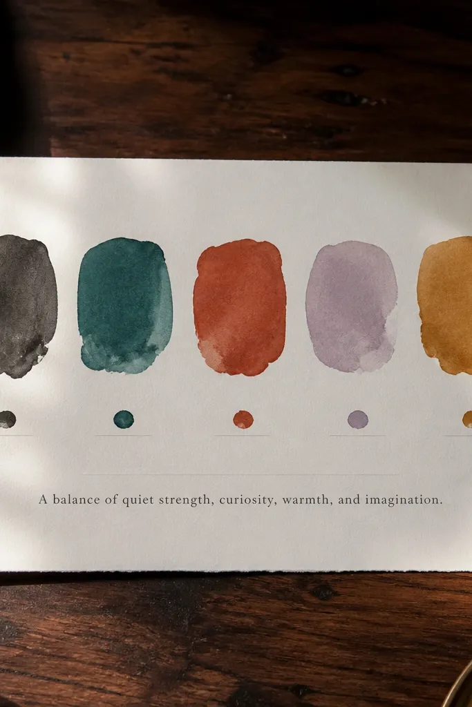 A journal page with 5 ink swatches labeled and one sentence in a clean margin
