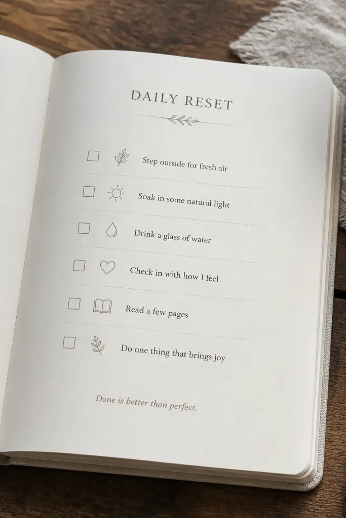 A checklist page with small icons and tidy tick boxes in a column layout