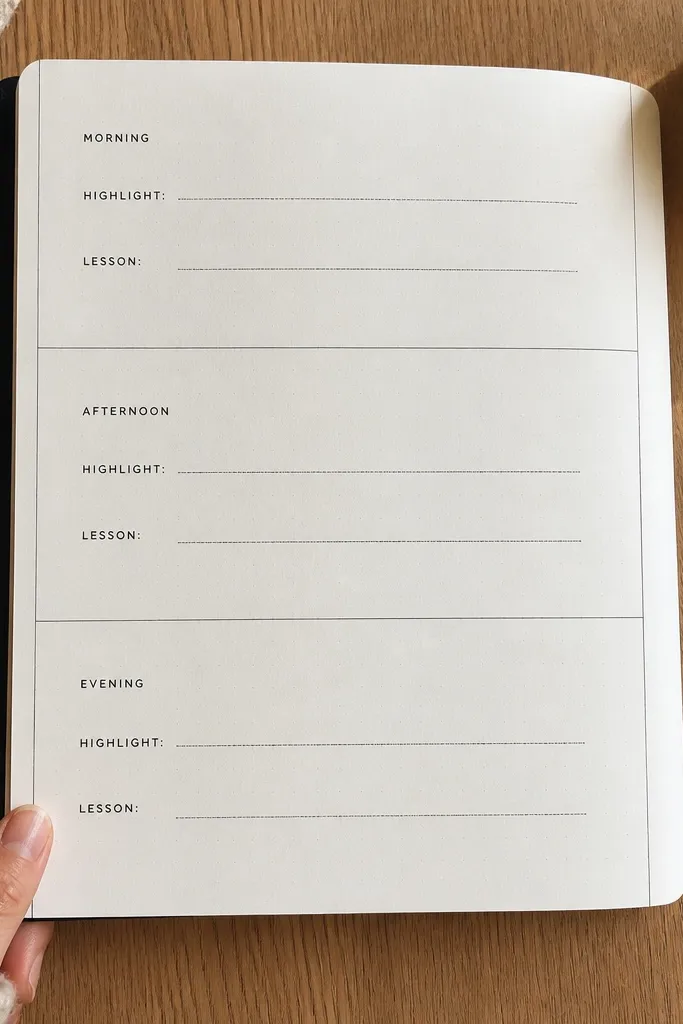 A journal page split into three timeline blocks with time ranges written neatly