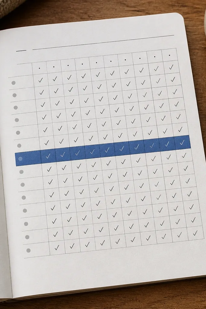 A journal habit tracker grid with checkmarks and one highlighted row