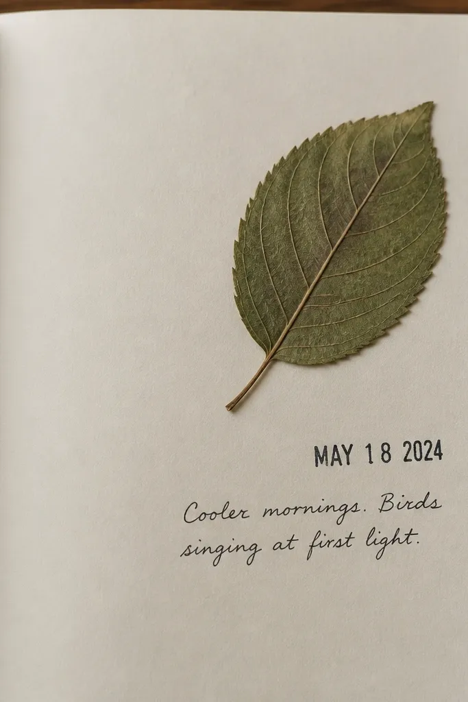 A journal page with a pressed leaf near the corner and a stamped date