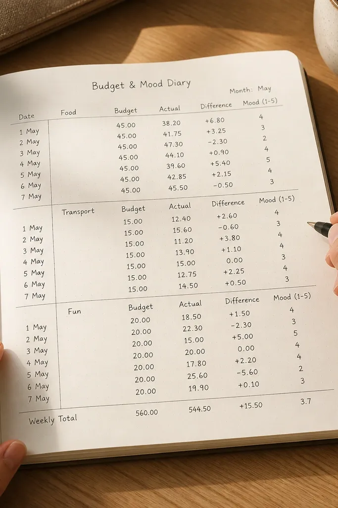 A journal page with three expense categories and a mood score beside each