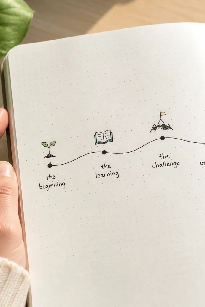 A journal page with a curving route line, small location dots, and icons labeling stops