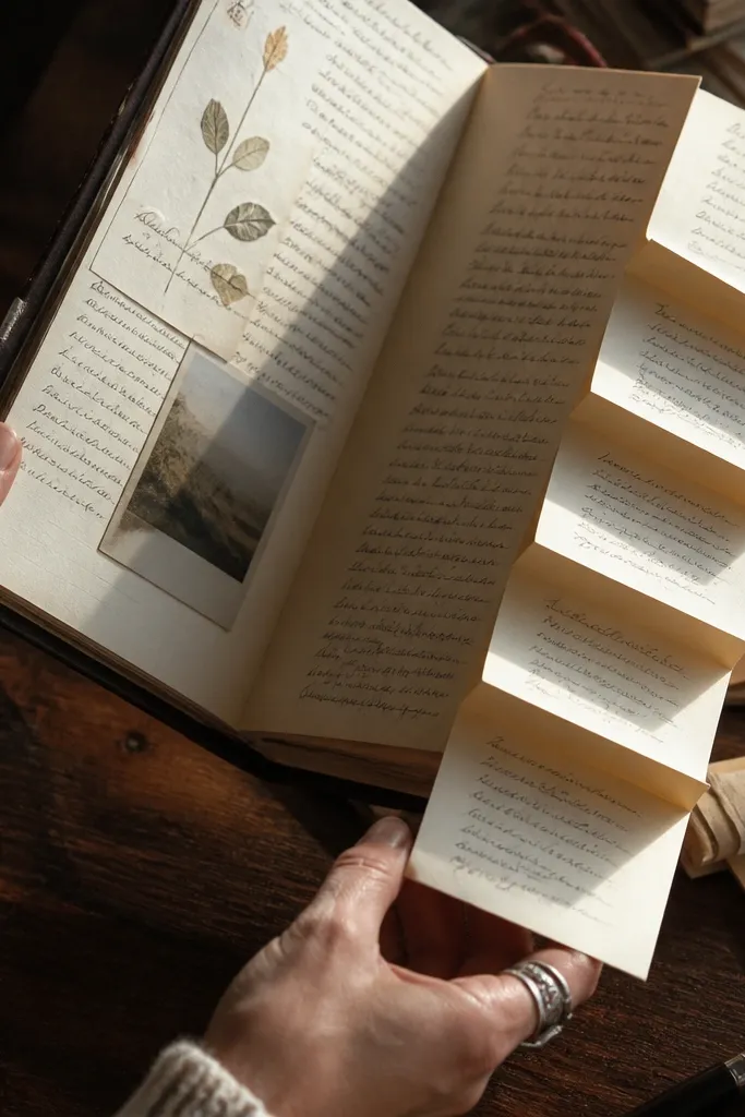 A journal page with an accordion-fold strip attached and short handwritten notes on each fold