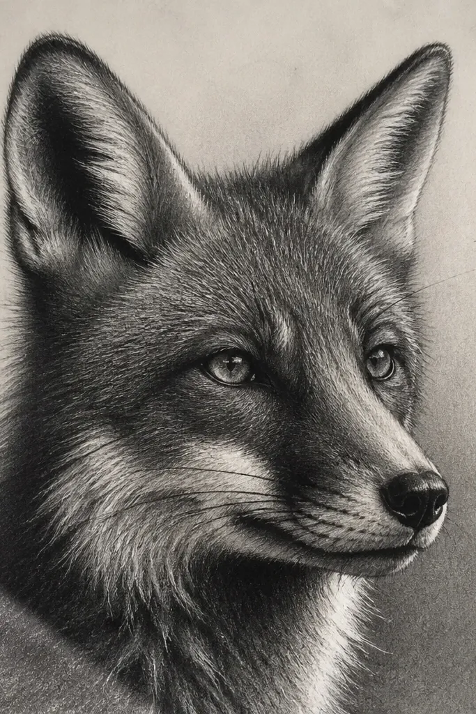 Smoky fox face with dark charcoal shadows and bright carved highlights on muzzle