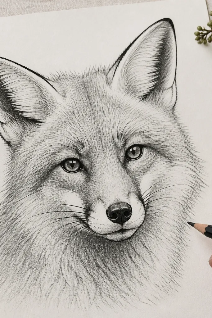 Black ink fox outline with pencil shaded fur mass and crisp muzzle highlights