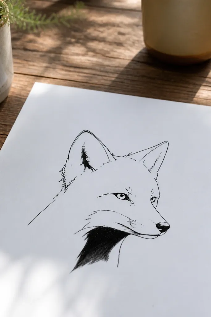 Simple line fox with a single deep shadow under chin and sparse fur strokes