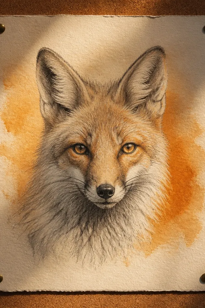 Fox head over warm orange wash with cool gray shadows and crisp eye highlights
