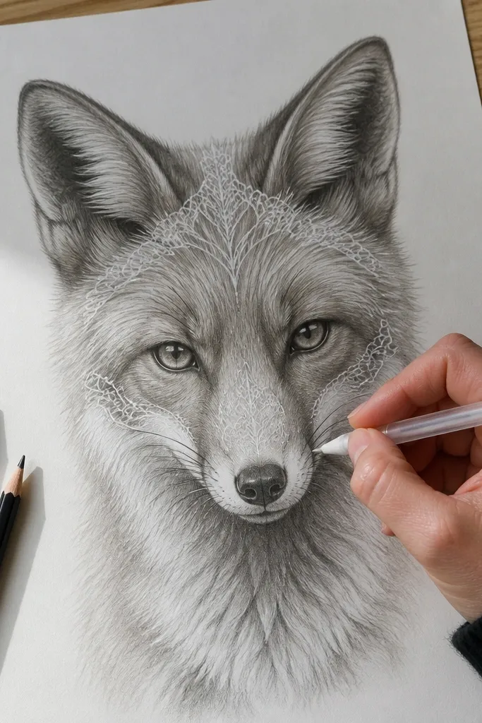 Graphite fox with thin white gel highlights on fur and nose