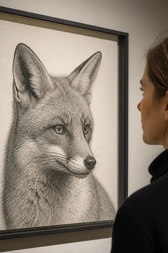 Fox head shaded with fine crosshatching and clean contour lines