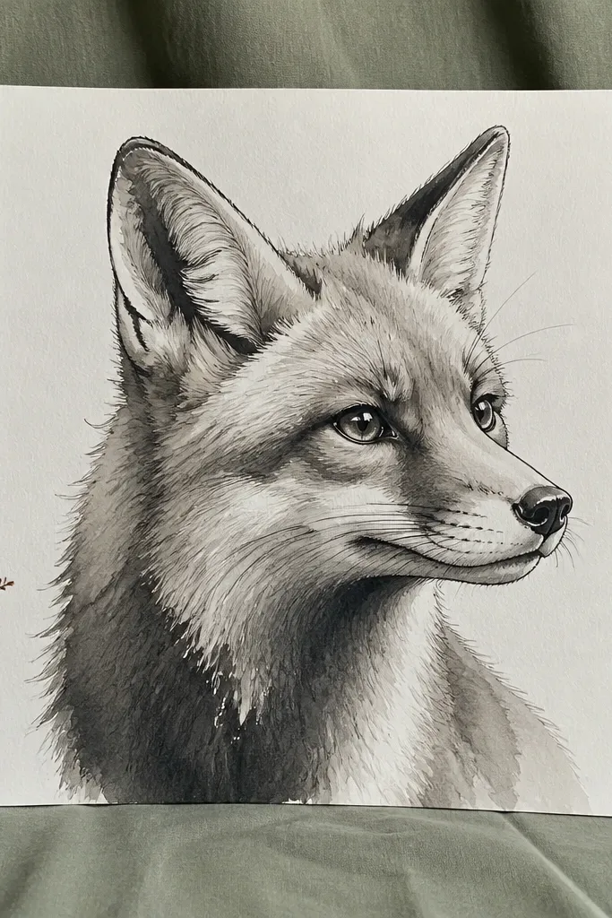 Fox with ink wash shadows, two gray tones, and sharp pen fur edges