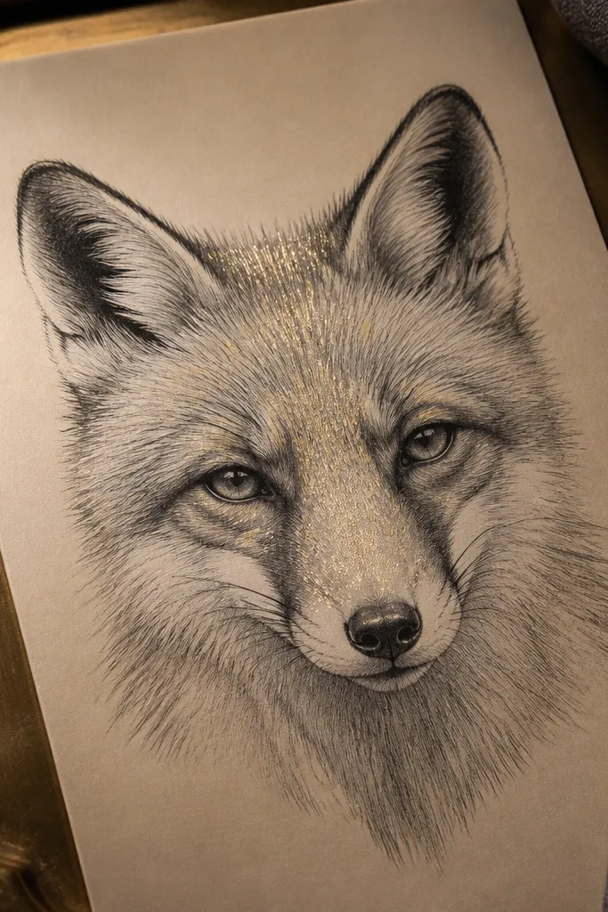 Fox head on pale gold tint paper with subtle shimmer highlights on fur