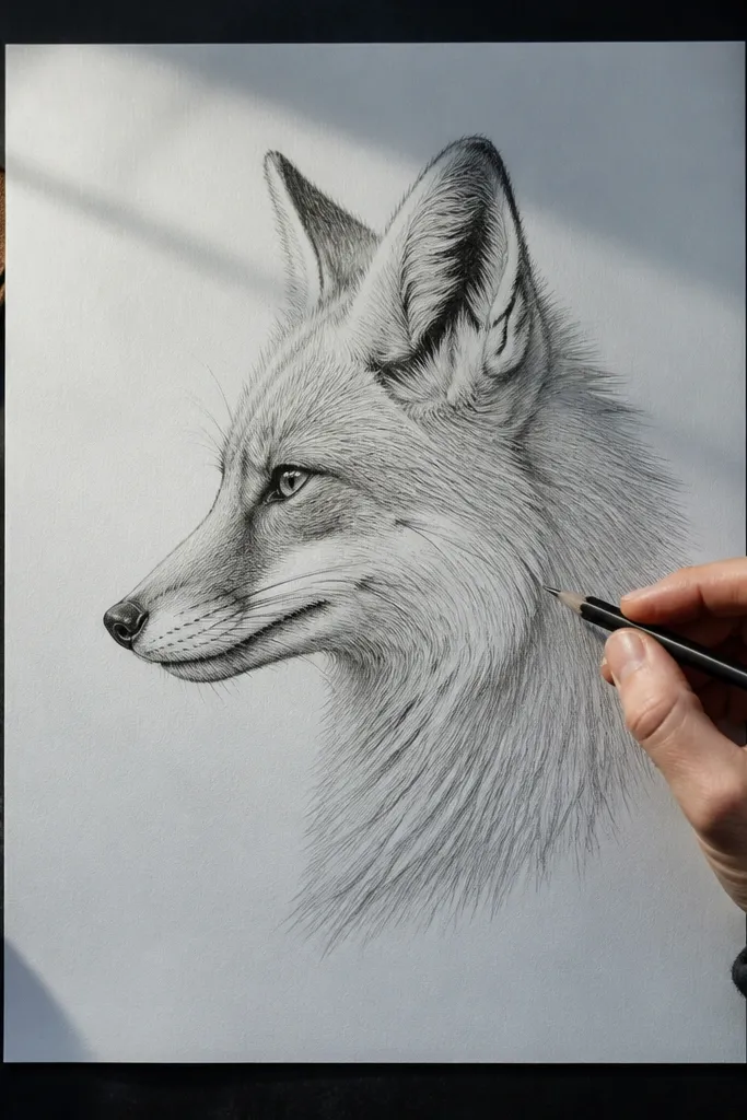 Side profile fox with sharp eye socket shadow and clean muzzle line