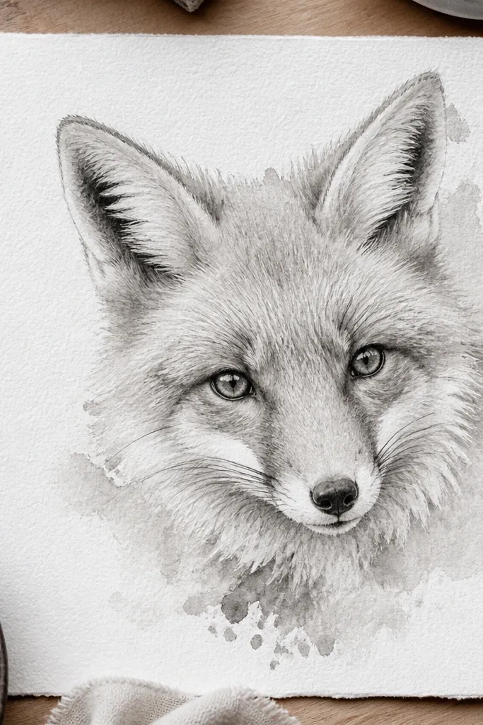 Fox with soft watercolor-like pencil bloom and gentle edges around ears