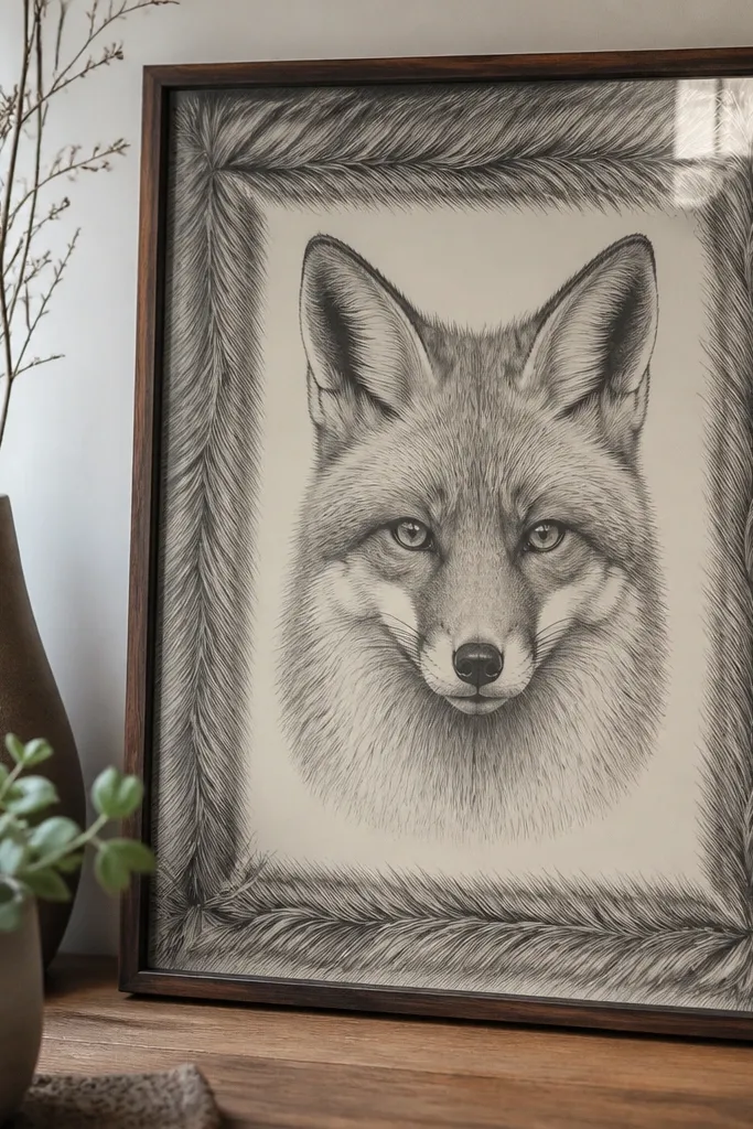 Fox head inside a patterned border made of fur-like strokes