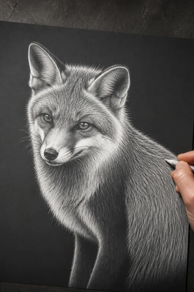 Fox with bright white fur edge against a dark gray ground
